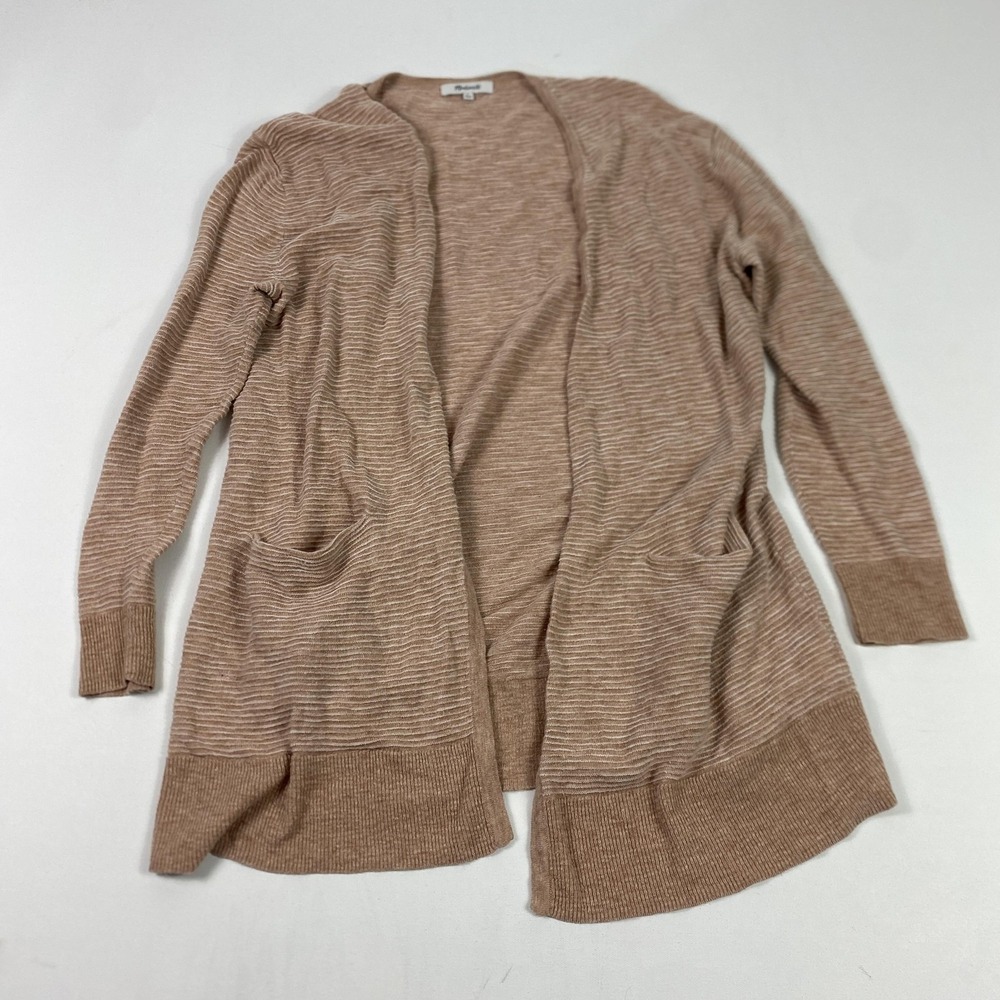 Madewell Cardigan Sweater Womens Small Tan Stripe Open Front‎ Longline Pockets